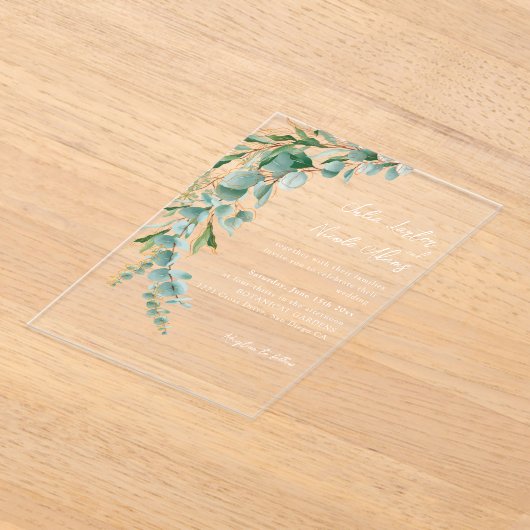 Botanical Eucalyptus Fall Leaf Wreath Wedding アクリル招待状 (レイダウン)