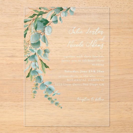 Botanical Eucalyptus Fall Leaf Wreath Wedding アクリル招待状 (正面)