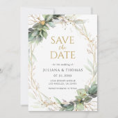  botanical Eucalyptus Greenery Gold Frame Wedding セーブザデート (正面)