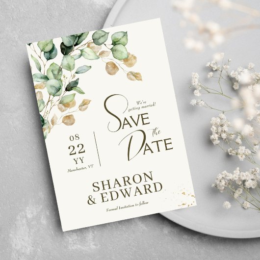 Botanical Eucalyptus Greenery Photo Save the Date 招待状