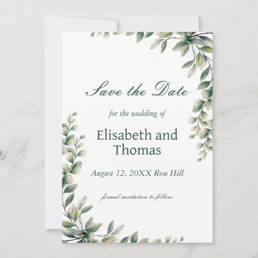 Botanical eucalyptus leaves save the date card サンキューカード (正面)