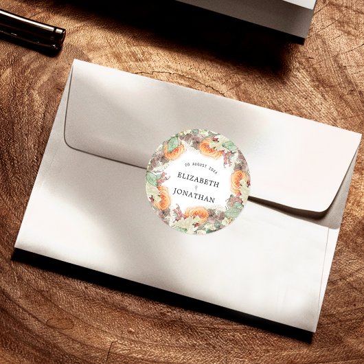 Botanical Eucalyptus Orange Roses Floral Wedding ラウンドシール