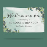 Botanical Eucalyptus Welcome Wedding 横断幕<br><div class="desc">Rustic wedding welcome banner featuring a dusty green/blue faded watercolor background,  botanical eucalyptus leaves,  splashes of faux gold foil,  and a text template that is easy to personalize.</div>