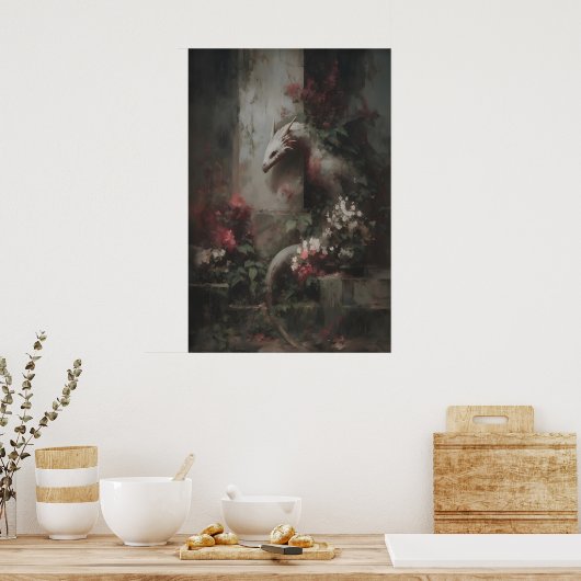 Botanical Fantasy Dragon Art, Gothic Creature ポスター (キッチン)