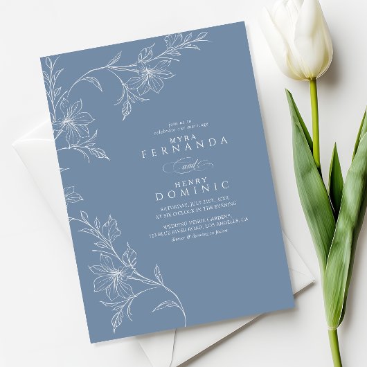 Botanical Floral Dusty Blue Wedding 招待状