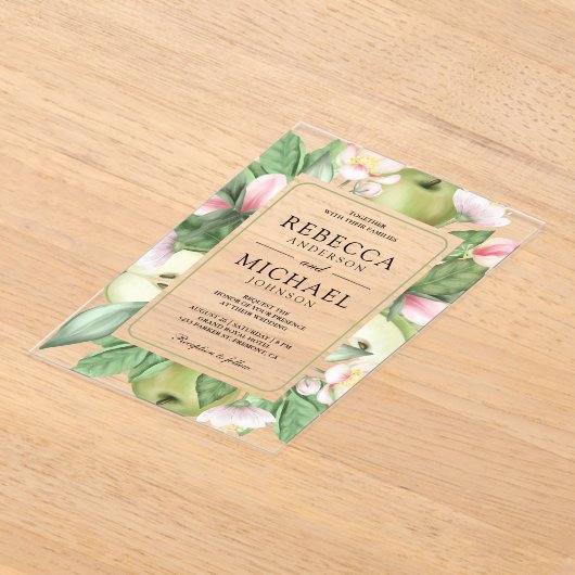 Botanical Floral Green Apple Orchard Wedding アクリル招待状 (レイダウン)