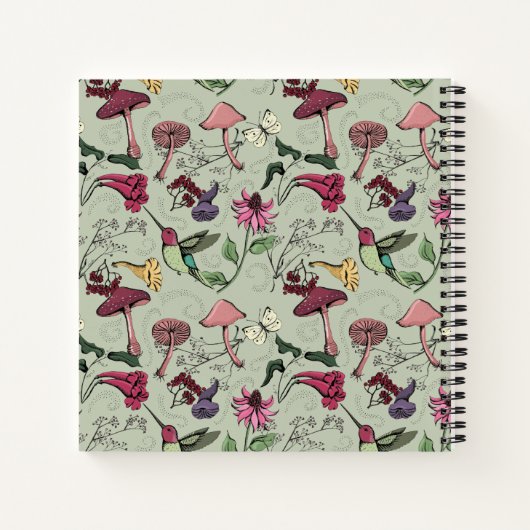 Botanical Floral Hummingbird Pattern Sage Green ノートブック (裏面)