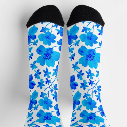 Botanical Floral in Deep Blue and White  ソックス (上部)