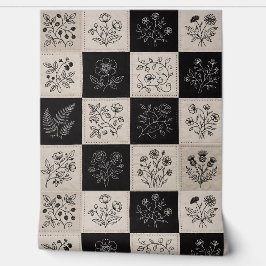 Botanical Floral Leather Look Patchwork Stitched 壁紙