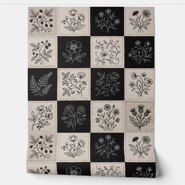 Botanical Floral Leather Look Patchwork Stitched 壁紙 (ほどく)