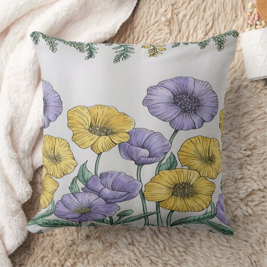 Botanical Floral Pillowcase – Purple & Yellow Hand クッション (ブランケット)