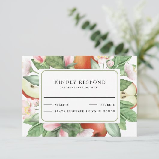 Botanical Floral Red Apple Orchard Wedding 出欠カード (スタンド正面)