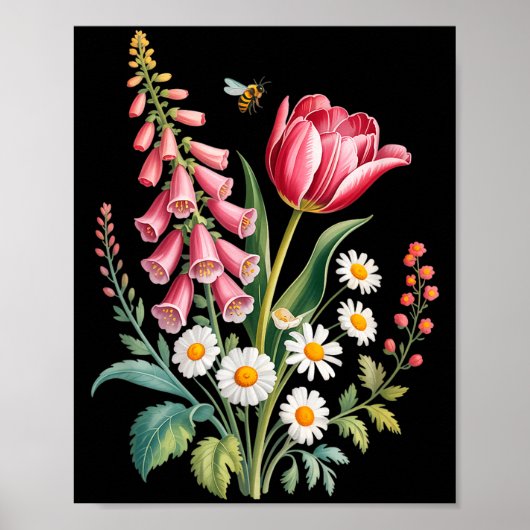 Botanical Flowers Daisies Tulip Foxglove Butterfly ポスター (正面)