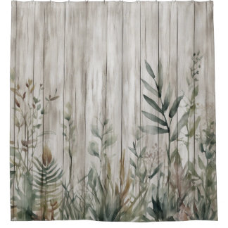 Botanical Foliage Farmhouse Barn Wood look シャワーカーテン