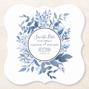 Botanical Food Script Navy Blue日付を保存 ペーパーコースター