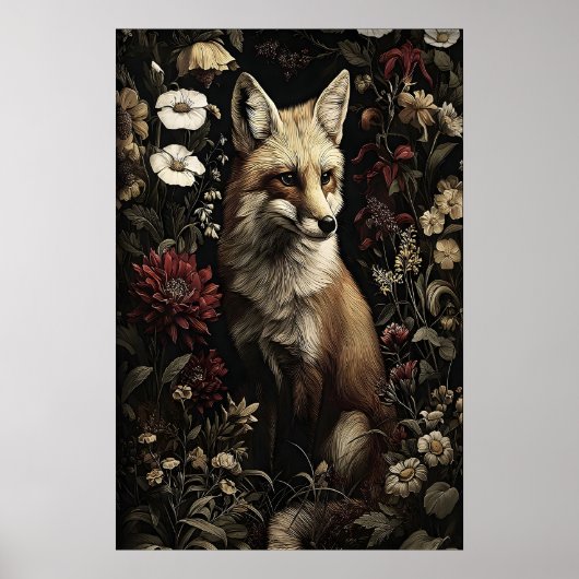 Botanical Fox Print, Antique Dark Academia Gothic ポスター (正面)