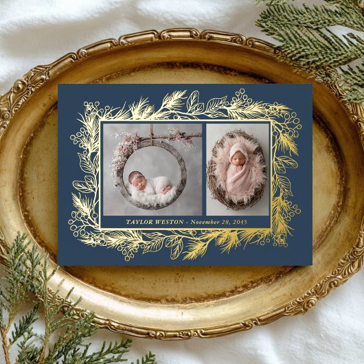 Botanical Frame Blue Winter Foliage New Baby 箔シーズンカード