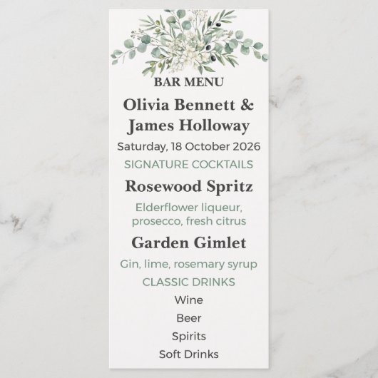 Botanical Garden Wedding Bar Menu メニュー (正面)
