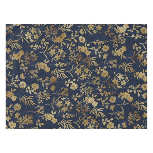 Botanical Gold Flowers Blue Pattern テーブルクロス (正面(横))