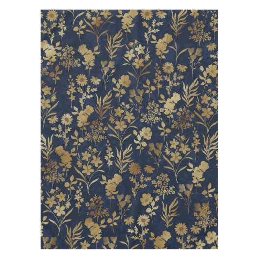 Botanical Gold Flowers Blue Pattern テーブルクロス (正面)