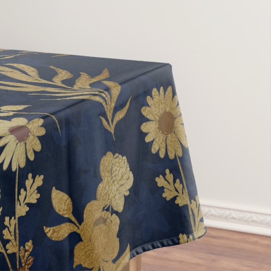 Botanical Gold Flowers Blue Pattern テーブルクロス (インサイチュ)