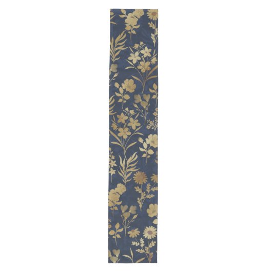 Botanical Gold Flowers Blue Pattern ミディアムテーブルランナー (正面)