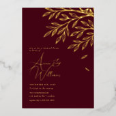 Botanical Gold Leaf Burgundy Rehearsal Dinner  箔招待状 (正面)