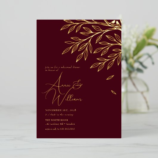 Botanical Gold Leaf Burgundy Rehearsal Dinner  箔招待状 (立ち正面)
