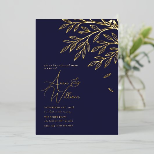 Botanical Gold Leaf Navy Rehearsal Dinner  箔招待状 (立ち正面)
