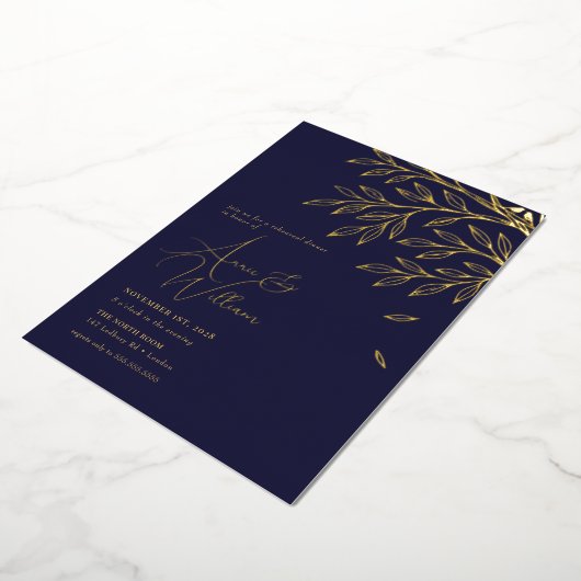 Botanical Gold Leaf Navy Rehearsal Dinner  箔招待状 (回転した状態)