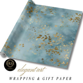 Botanical Gold Leaves Nature Pattern Teal ラッピングペーパー