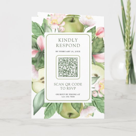 Botanical Green Apple Orchard QR Code Wedding 招待状 (裏面)