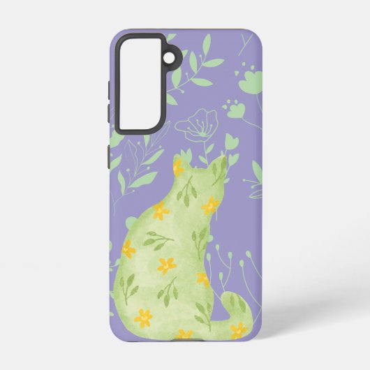 Botanical Green Cat Samsung Case – Purple Floral Galaxyケース (裏面)