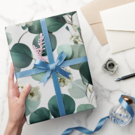 Botanical Green Eucalyptus White Floral Pattern ラッピングペーパー