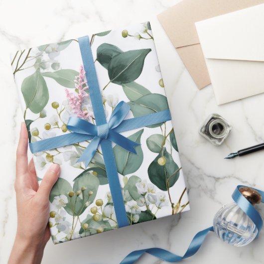 Botanical Green Eucalyptus White Floral Pattern ラッピングペーパー (ギフト)