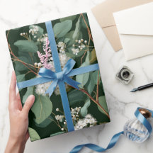 Botanical Green Eucalyptus White Floral Pattern