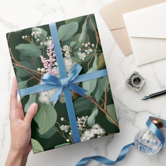 Botanical Green Eucalyptus White Floral Pattern ラッピングペーパー (ギフト)