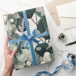Botanical Green Eucalyptus White Floral Pattern ラッピングペーパー