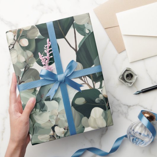 Botanical Green Eucalyptus White Floral Pattern ラッピングペーパー (ギフト)