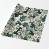 Botanical Green Eucalyptus White Floral Pattern ラッピングペーパー (アンロールド)