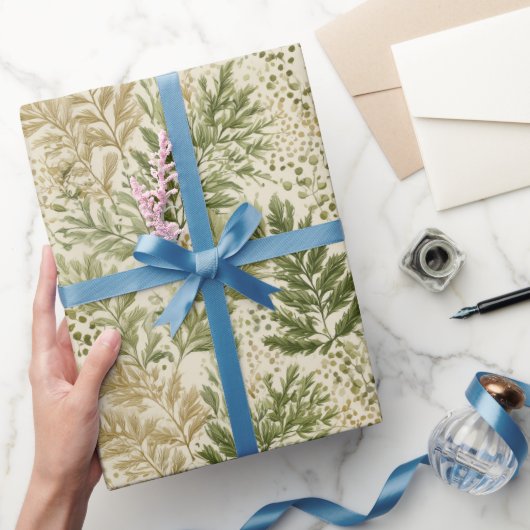 Botanical Green Fern Beige Floral Pattern ラッピングペーパー (ギフト)