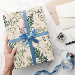 Botanical Green Fern Beige Floral Pattern ラッピングペーパー
