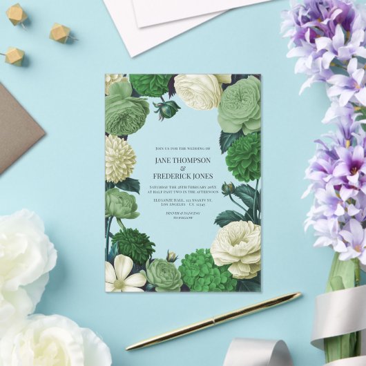 Botanical Green, Fern Shadow & Ivory Bud Wedding アクリル招待状 (インサイチュ (ウェディング))