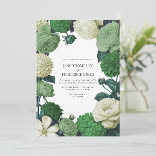 Botanical Green, Fern Shadow & Ivory Bud Wedding 招待状 (スタンド正面)