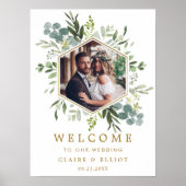 Botanical Green Gold Hexagon Photo Wedding Welcome ポスター (正面)