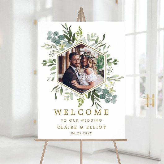 Botanical Green Gold Hexagon Photo Wedding Welcome ポスター