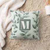 Botanical Green Leaf Pattern Monogrammed クッション (ブランケット)