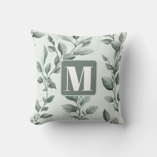 Botanical Green Leaf Pattern Monogrammed クッション (正面)