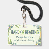Botanical Green Leaves Hard of Hearing Deafness バッジ (Front with Lanyard)
