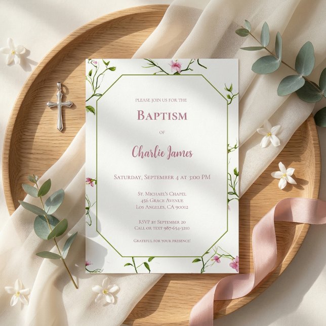 Botanical Green Pink Baptism Invitation (クリエイターアップロード済み)